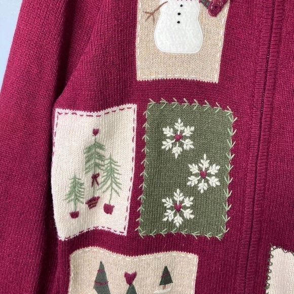 Croft & Barrow Wool Angora Snowman Christmas Tree Burgundy Full Zip Sweater Sz L - Picture 4 of 16